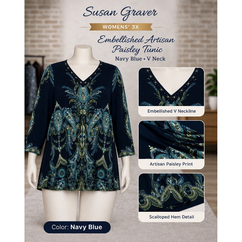 Susan Graver Artisan Navy Blue Paisley Embellished V-Neck Tunic Top‎ Womens 3X